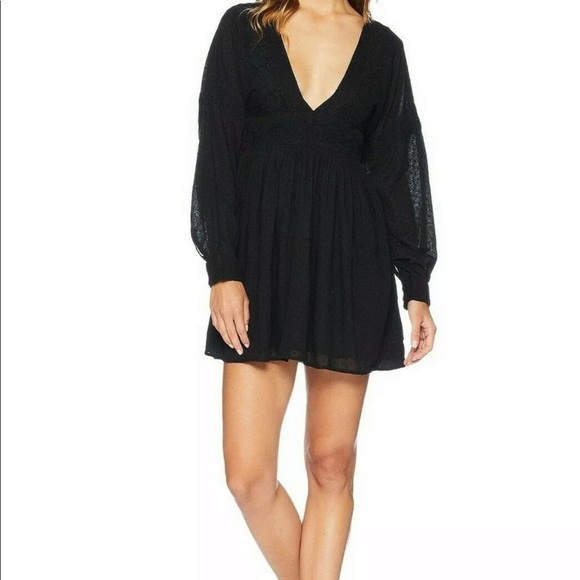 Free People Sugarpie Mini Black Deep V Boho Dress - Picture 2 of 6